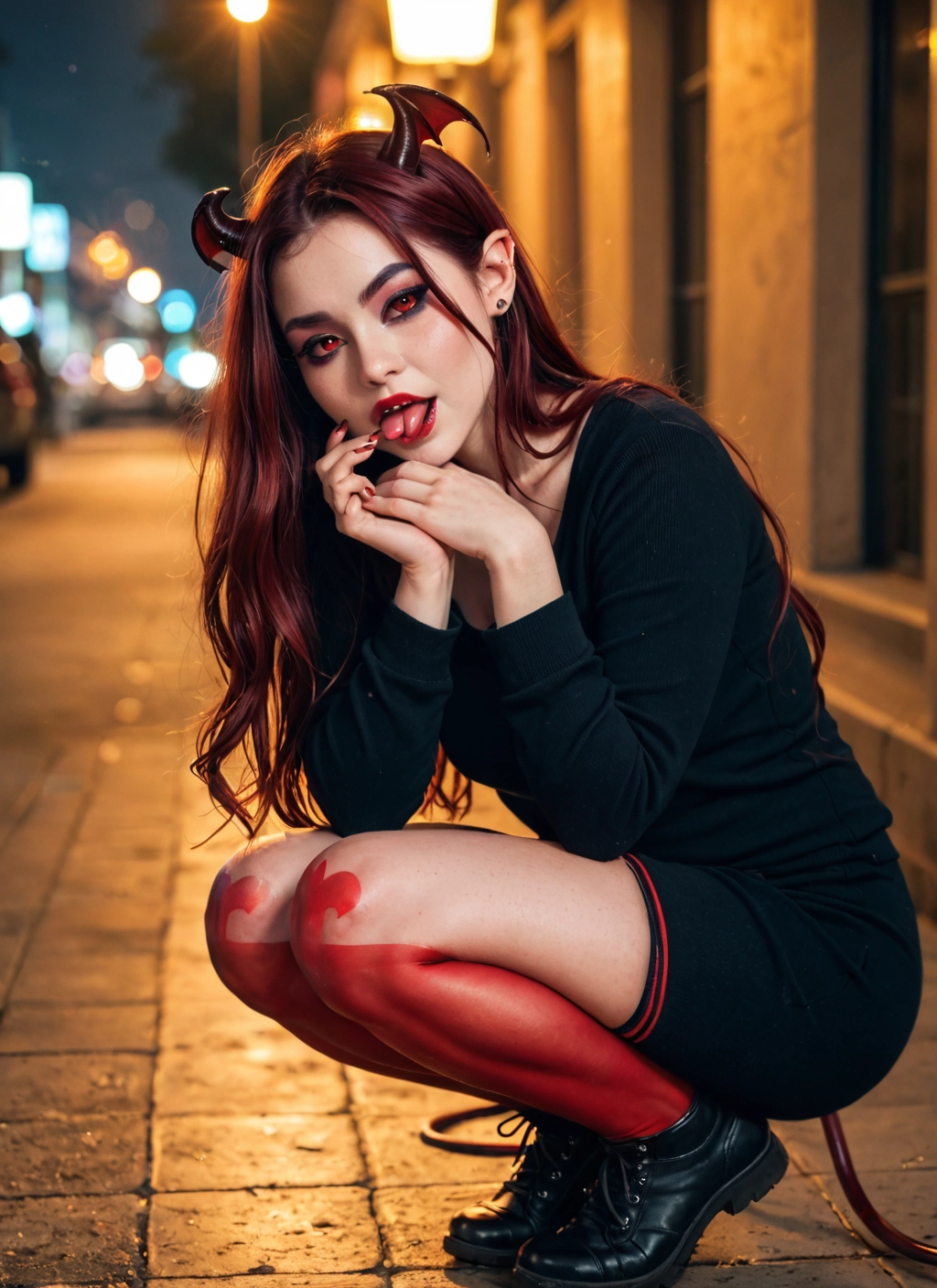 1girl, tail, squatting, horns, solo, red eyes · Yamete.gg