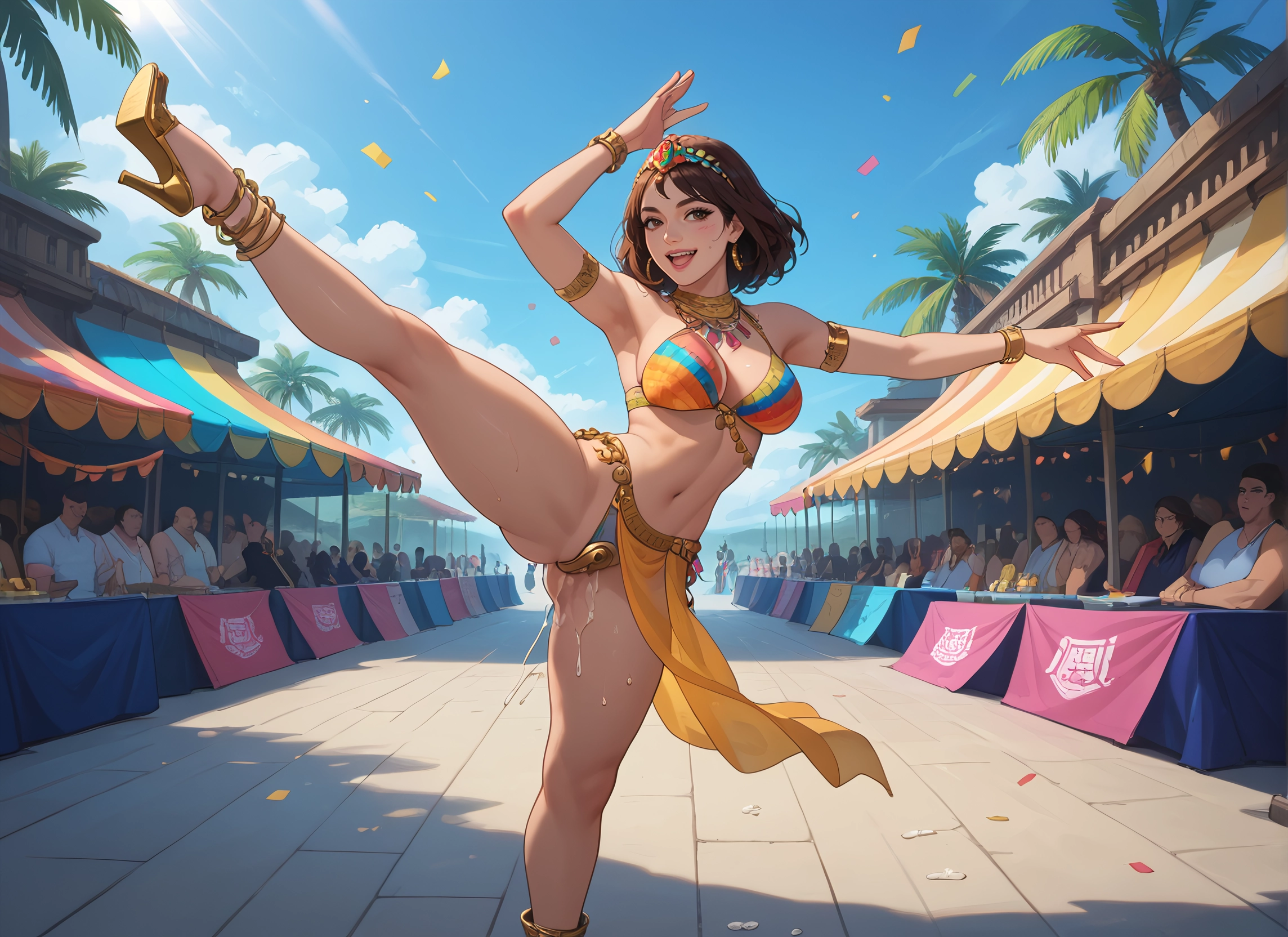 brown hair, jewelry, breasts, navel, high heels, earrings · Yamete.gg
