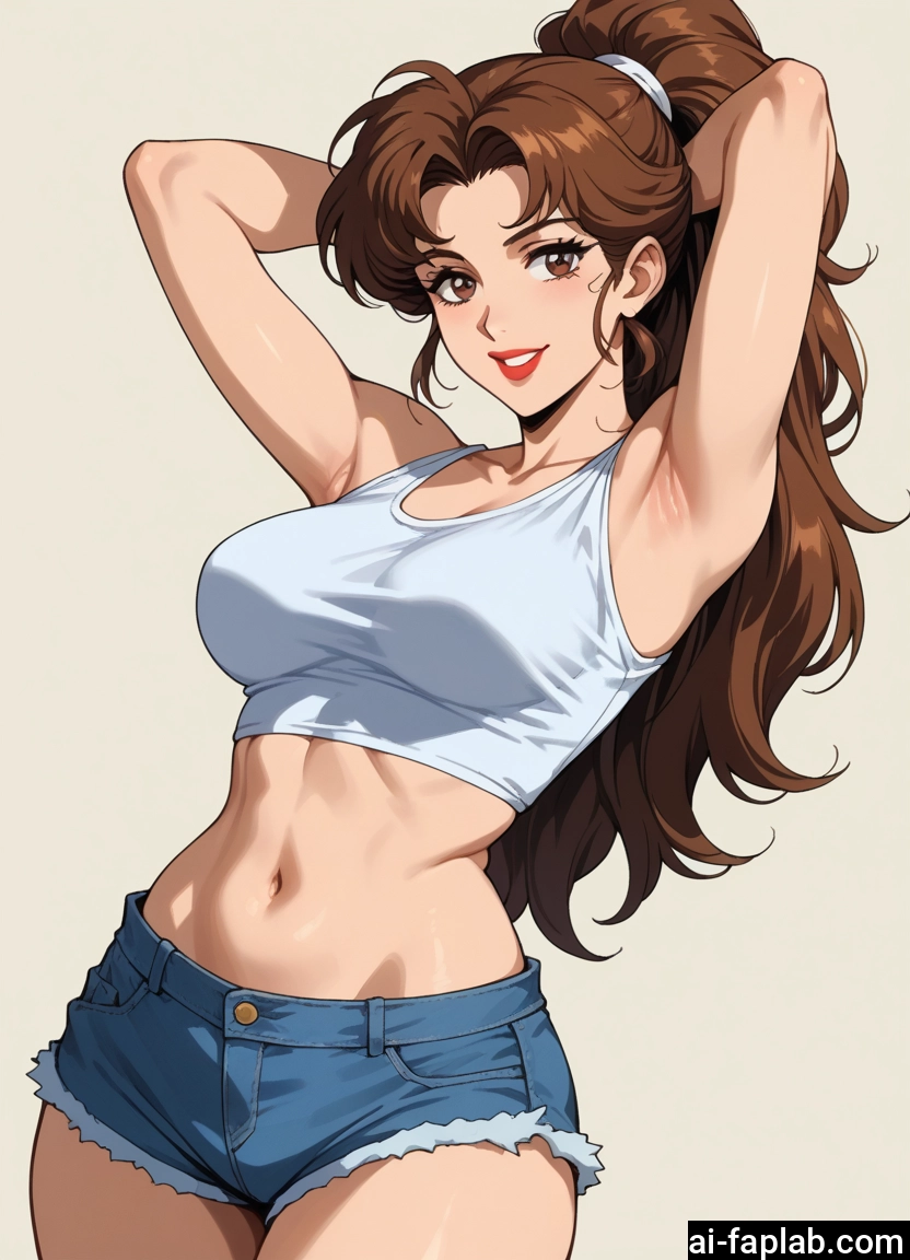 1girl, brown hair, shorts, armpits, breasts, navel · Yamete.gg