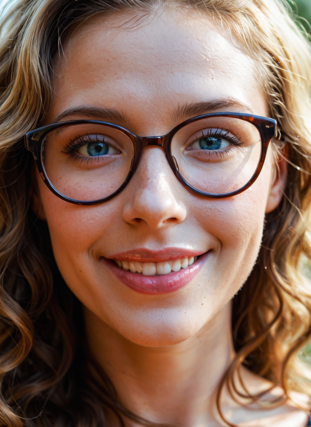 1girl, solo, glasses, blue eyes, smile, blonde hair · Yamete.gg