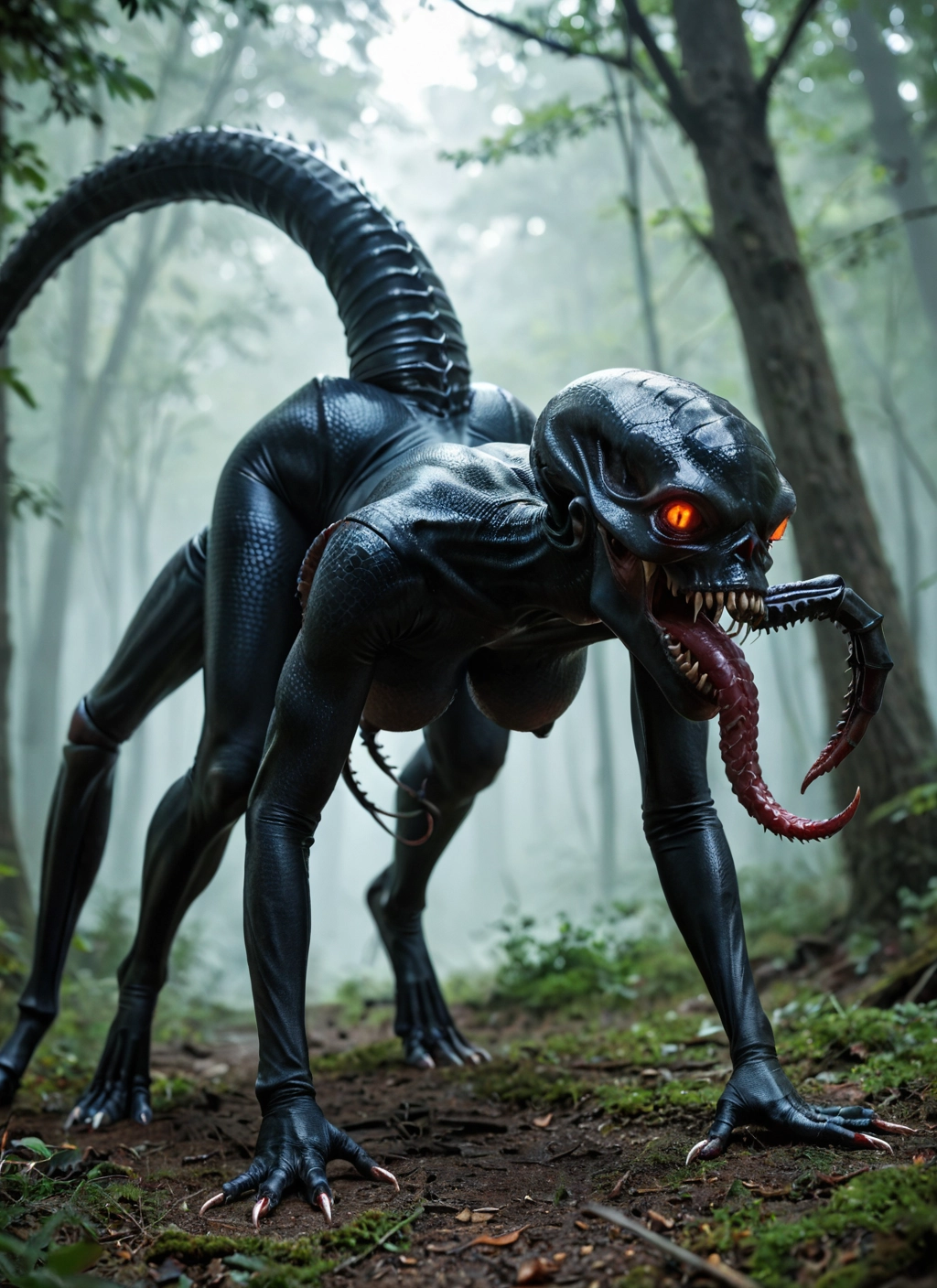 1girl, breasts, solo, tail, nature, teeth · Yamete.gg