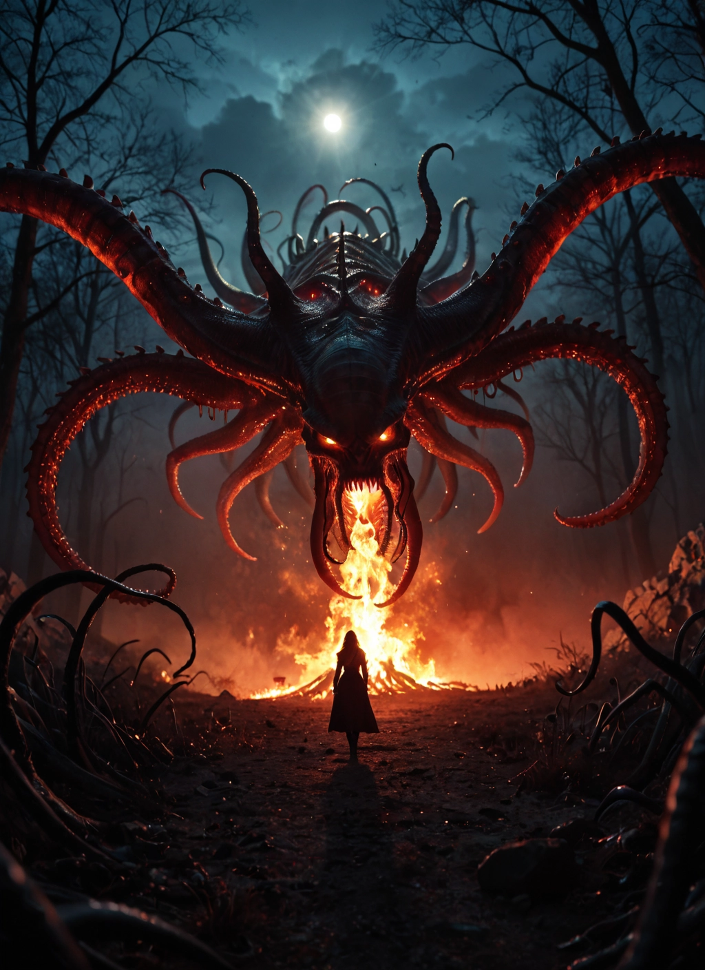 tree, tentacles, fire, monster, sky, outdoors · Yamete.gg