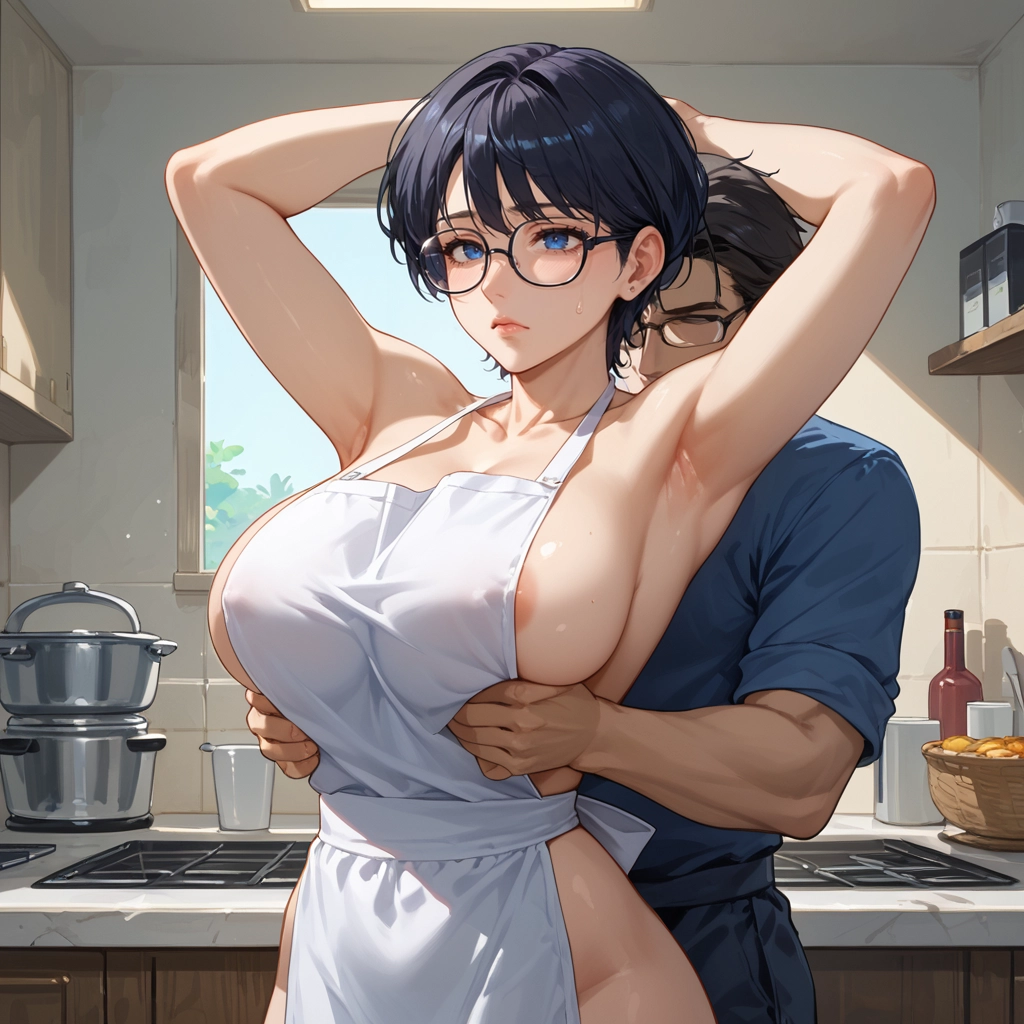 1girl, breasts, 1boy, apron, glasses, blue eyes · Yamete.gg