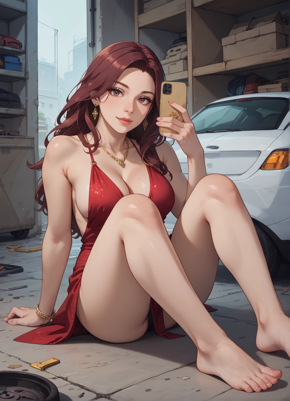 1girl, breasts, jewelry, barefoot, dress, phone · Yamete.gg