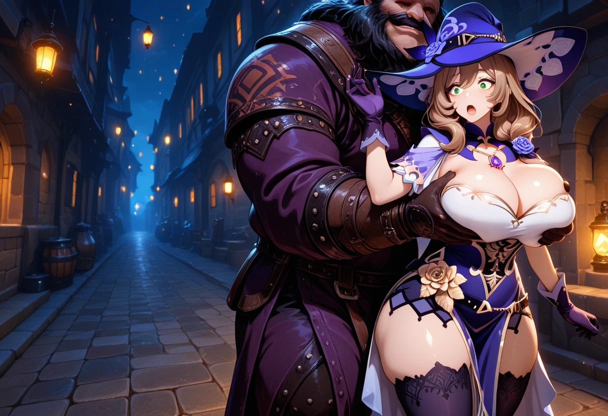 1girl, lisa (genshin impact), breasts, hat, 1boy, green eyes