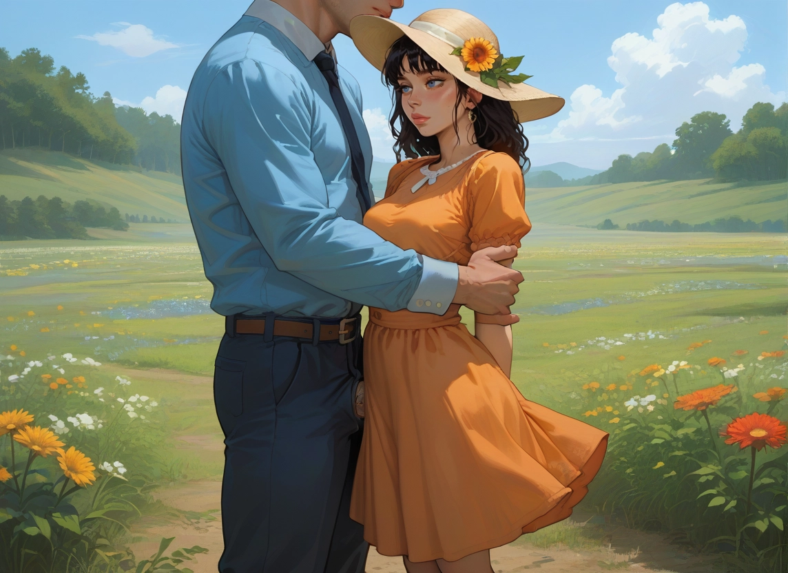 1girl, dress, outdoors, 1boy, flower, hat · Yamete.gg
