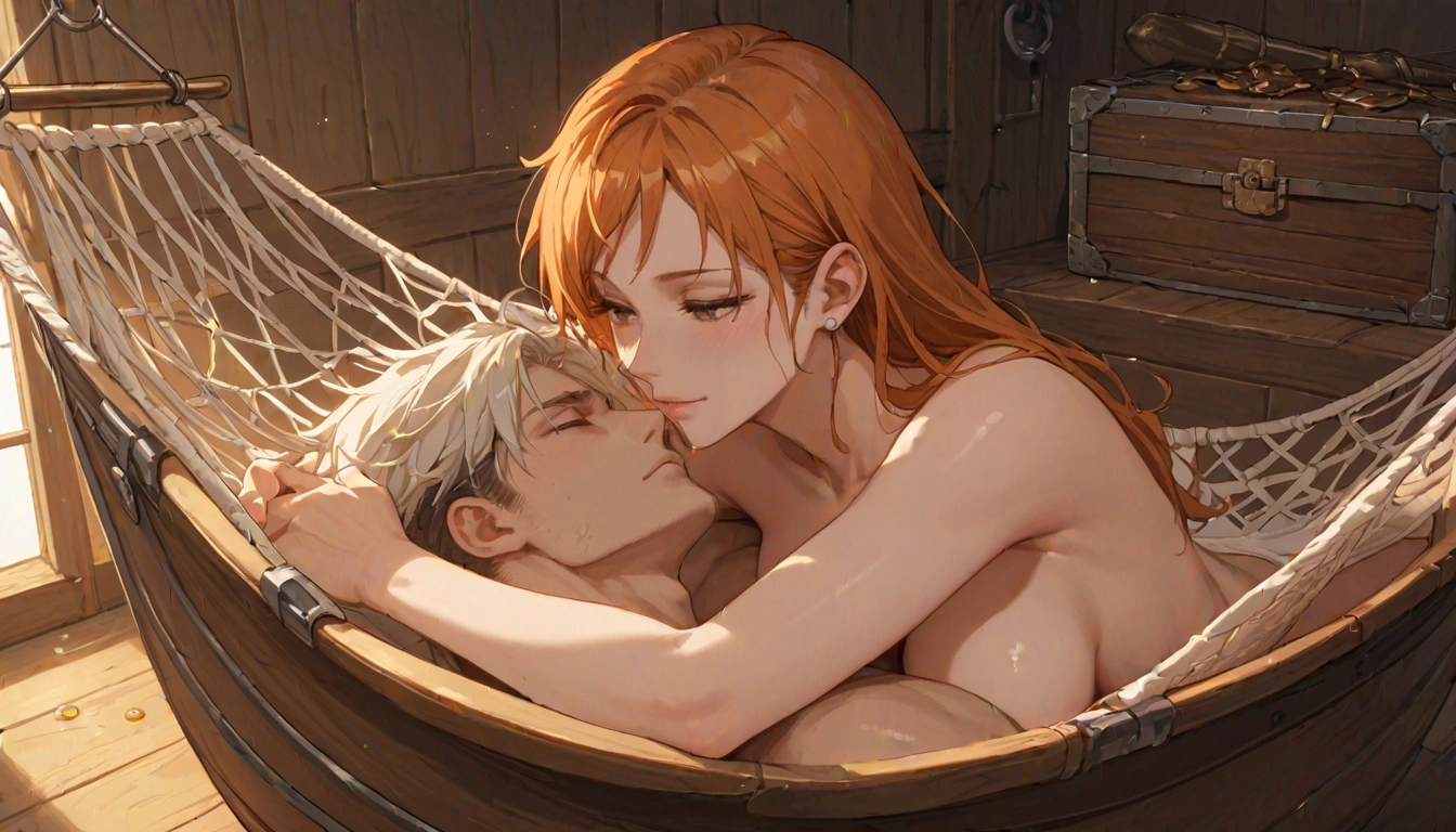 1girl, 1boy, orange hair, breasts, nami (one piece), nude · Yamete.gg