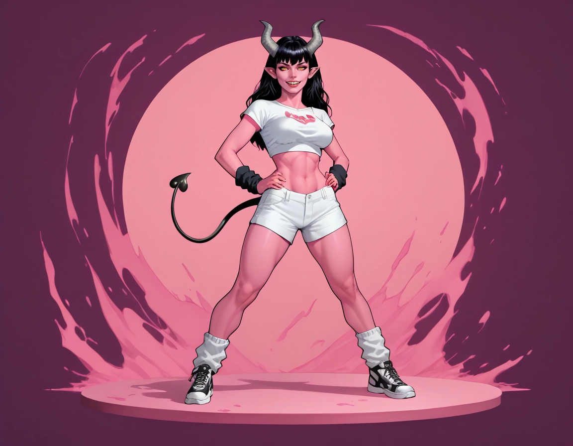 demon girl, demon tail, 1girl, solo, shorts, horns · Yamete.gg