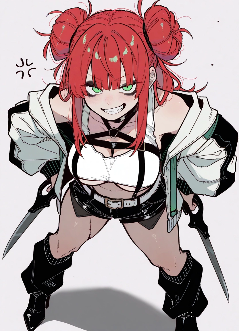 1girl, breasts, double bun, shorts, green eyes, solo · Yamete.gg