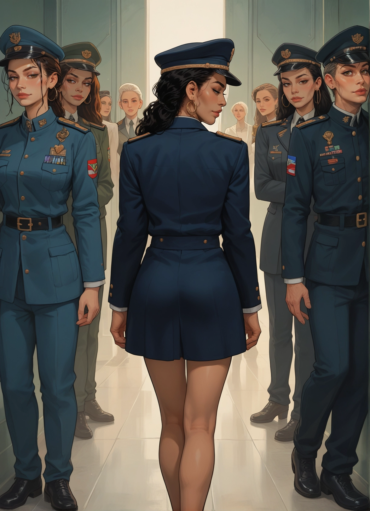 multiple girls, uniform, jewelry, earrings, hat, military · Yamete.gg