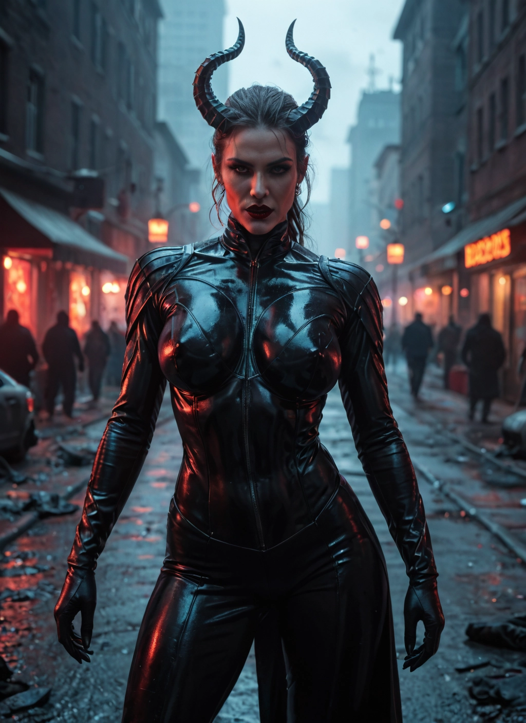 1girl, horns, bodysuit, breasts, latex, latex bodysuit · Yamete.gg