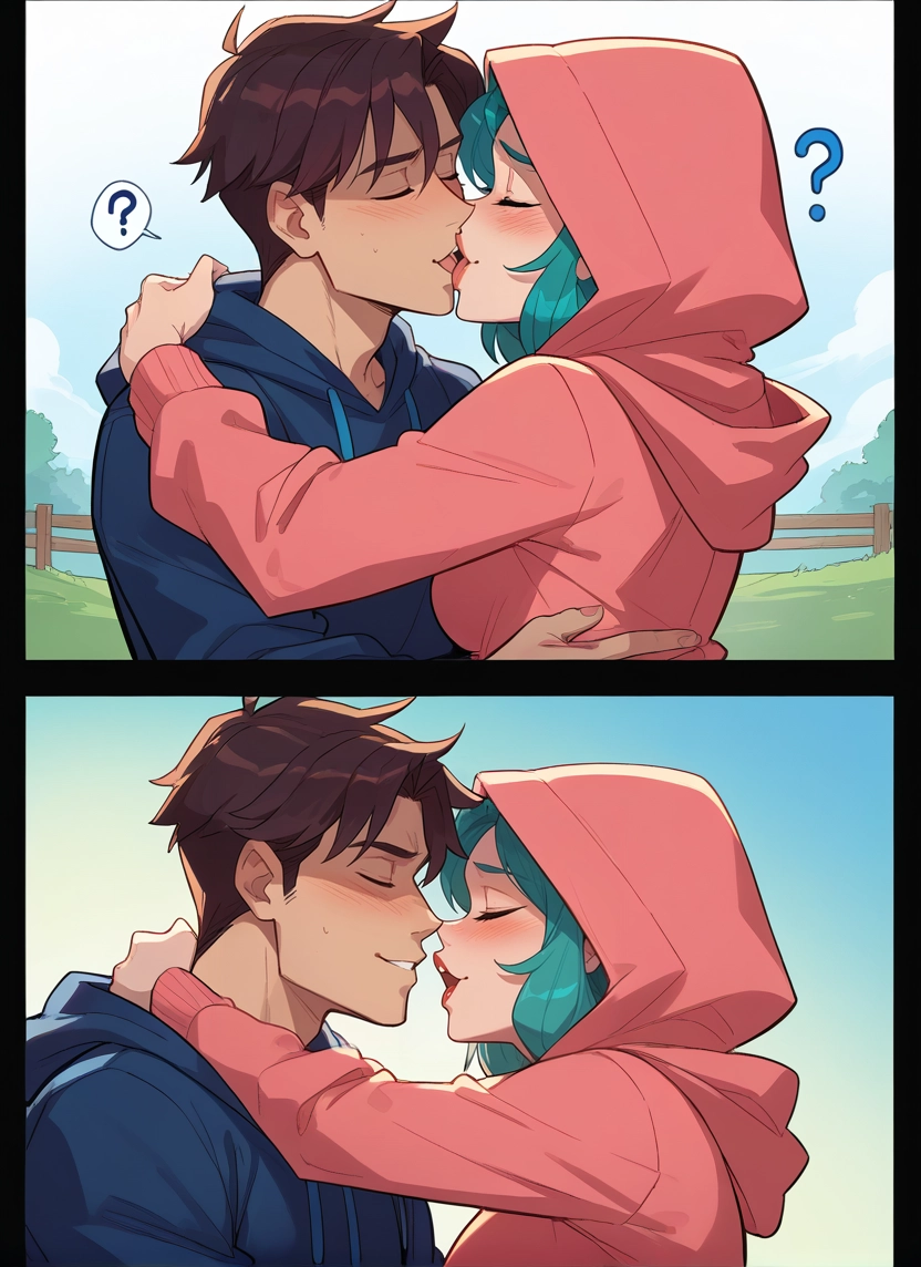 1girl, 1boy, hood, hetero, brown hair, kiss · Yamete.gg