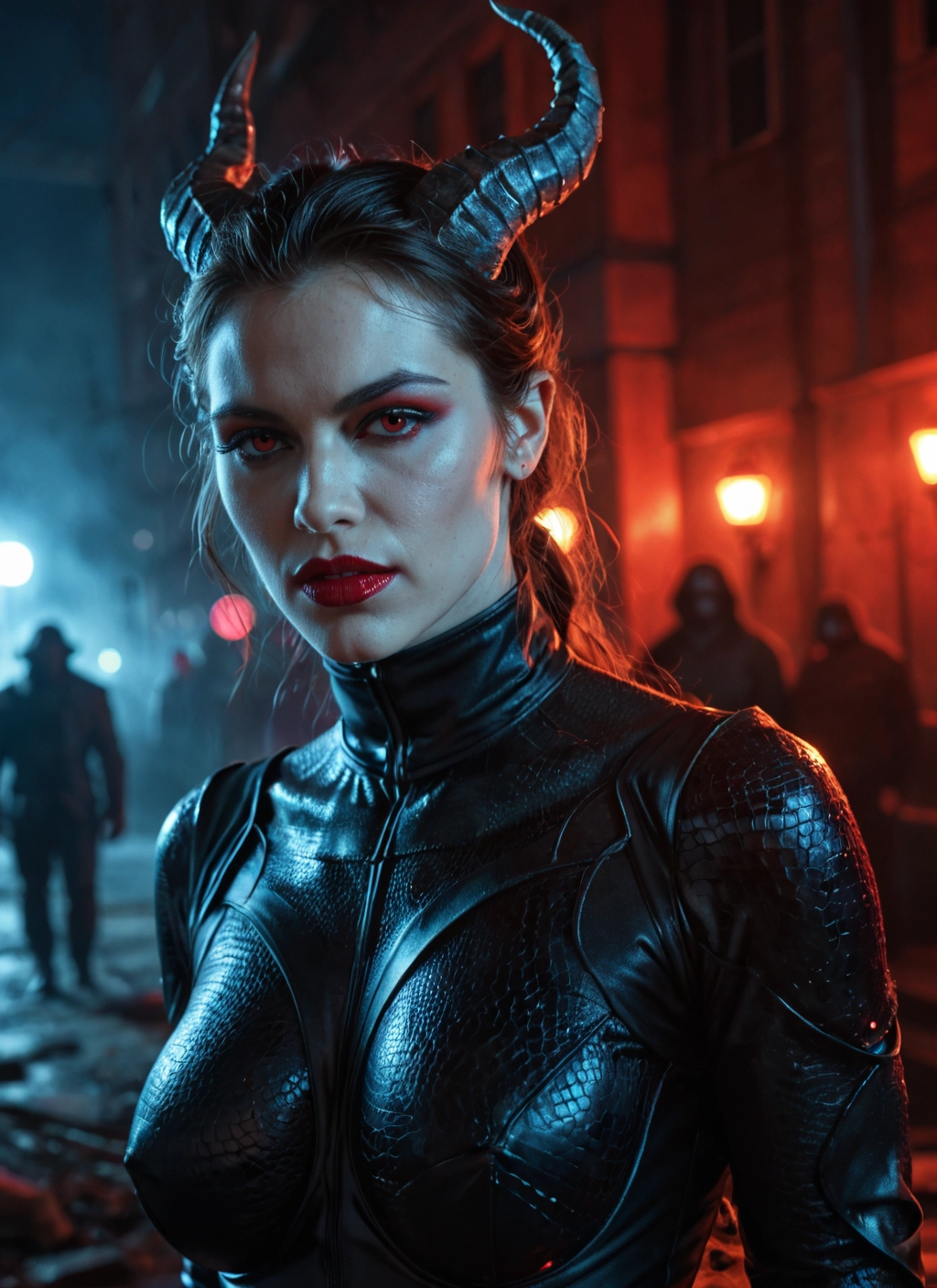 horns, 1girl, breasts, bodysuit, looking at viewer, solo focus · Yamete.gg