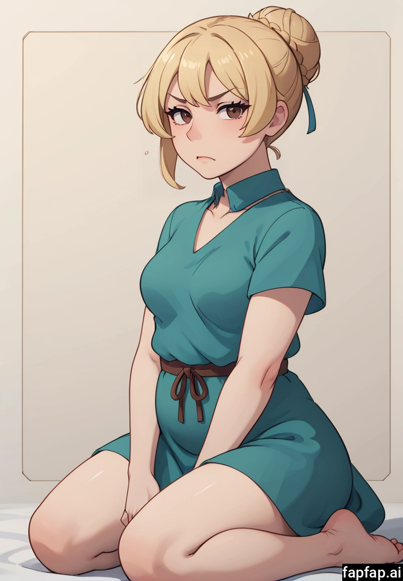 1girl, solo, blonde hair, sitting, brown eyes, hair bun · Yamete.gg