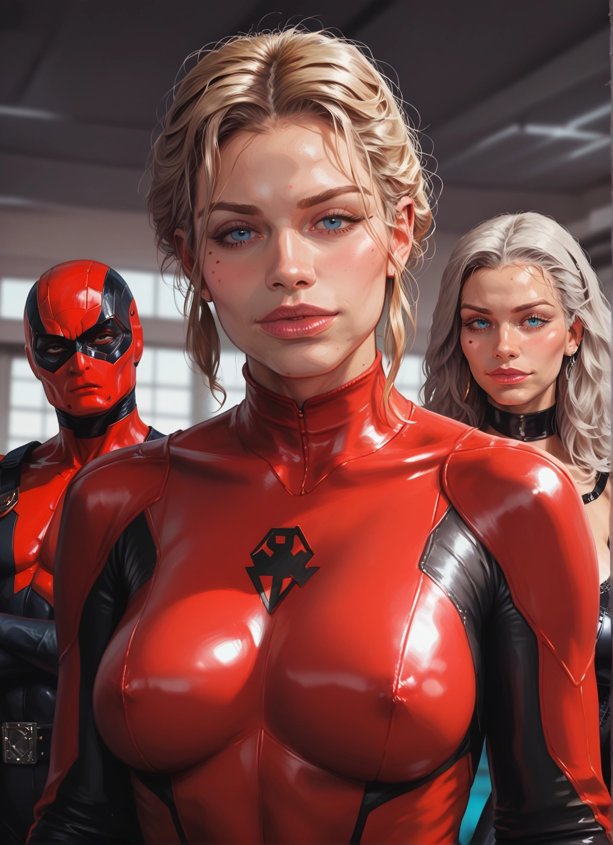 blue eyes, blonde hair, multiple girls, breasts, bodysuit, 2girls · Yamete.gg