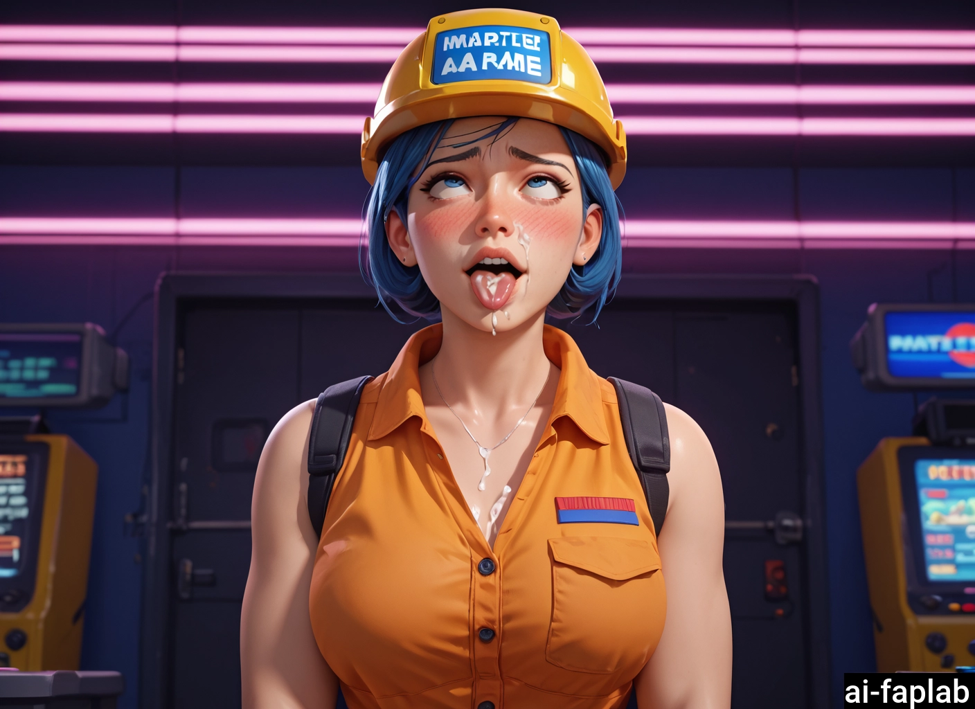 1girl, helmet, cum, blue hair, tongue, solo · Yamete.gg