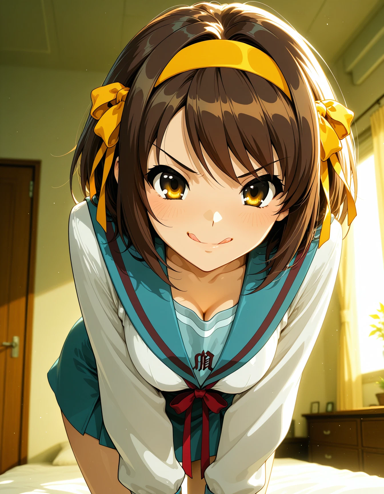 suzumiya haruhi, 1girl, kita high school uniform, brown hair, solo, skirt · Yamete.gg