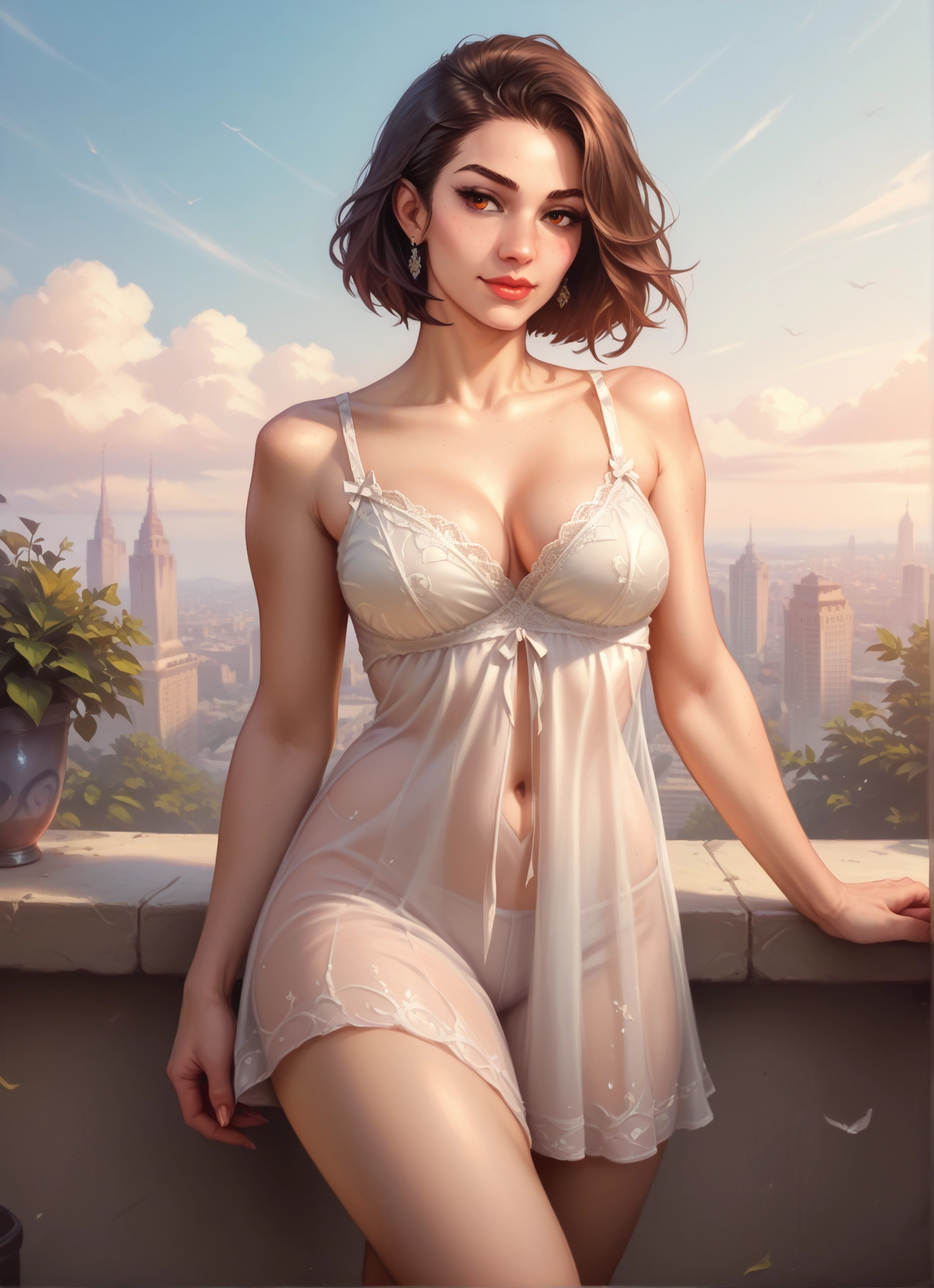 1girl, breasts, solo, brown hair, jewelry, earrings · Yamete.gg