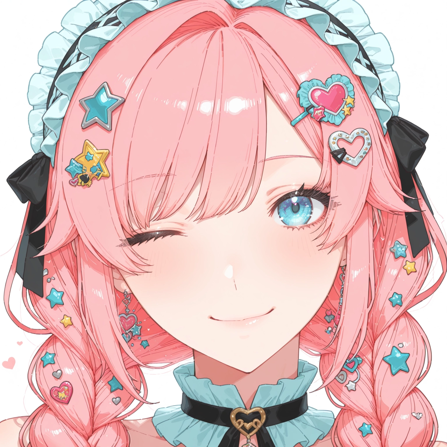 1girl, solo, hair ornament, pink hair, one eye closed, twin braids · Yamete.gg