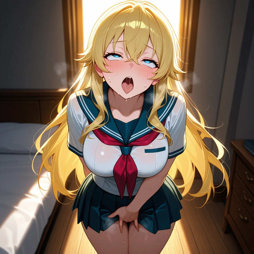 1girl, solo, skirt, school uniform, blonde hair, breasts · Yamete.gg