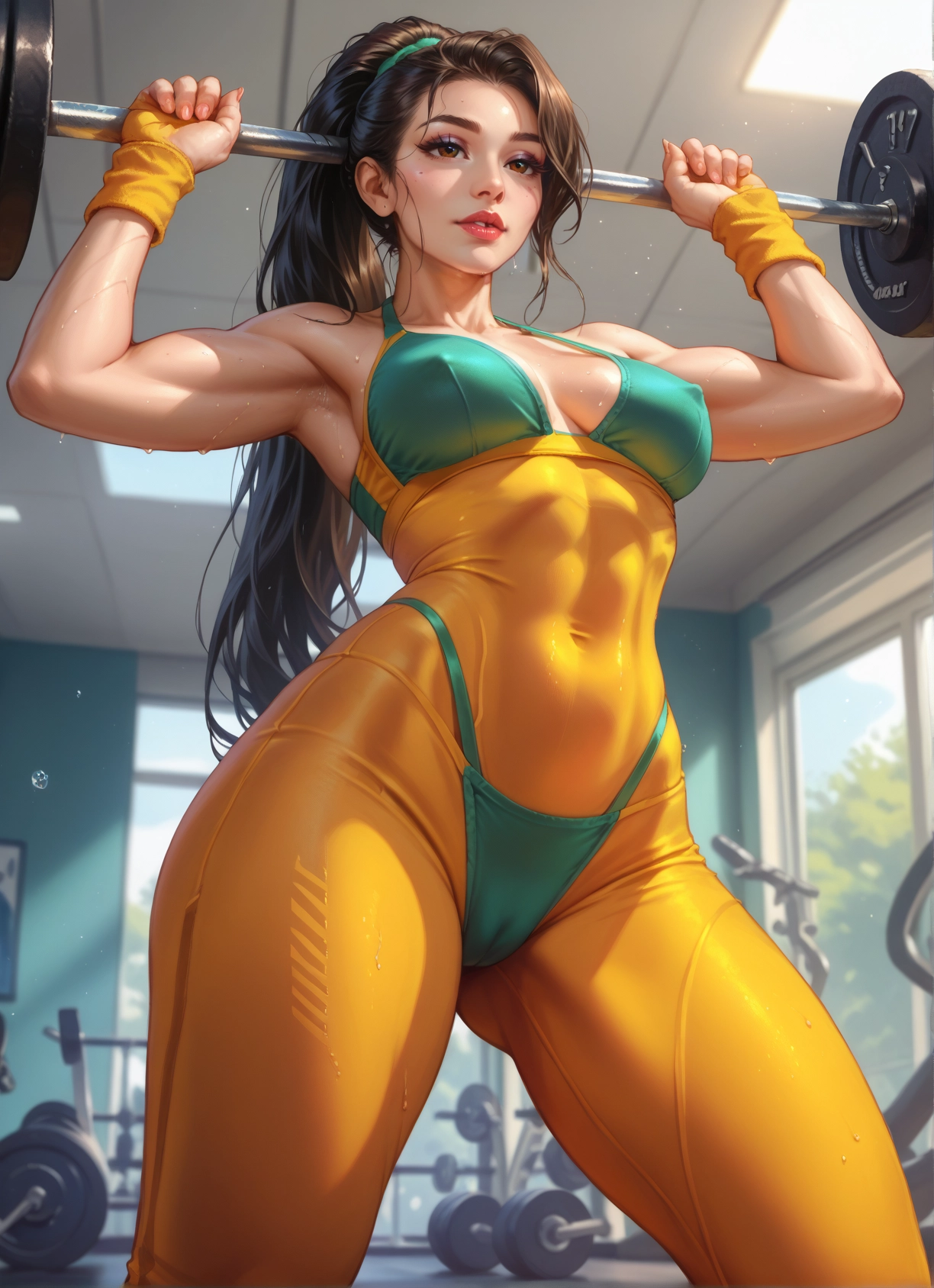 1girl, breasts, solo, brown eyes, sweat, brown hair · Yamete.gg
