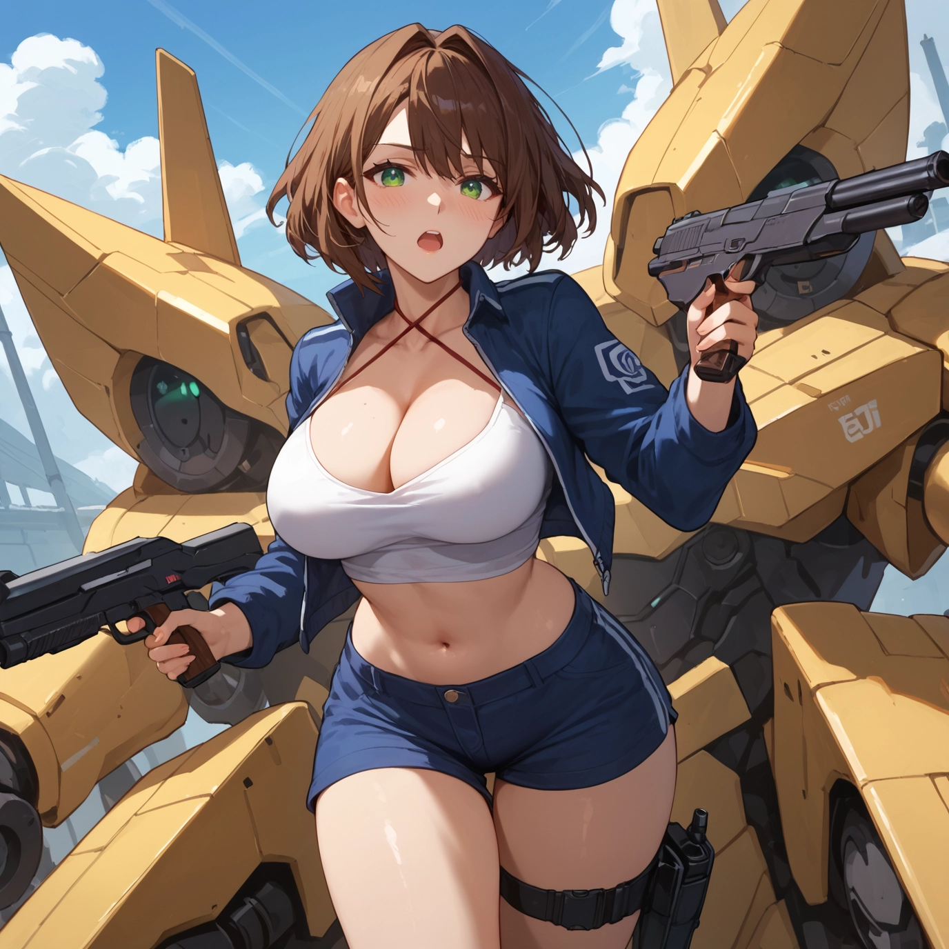 breasts, 1girl, weapon, green eyes, shorts, gun · Yamete.gg