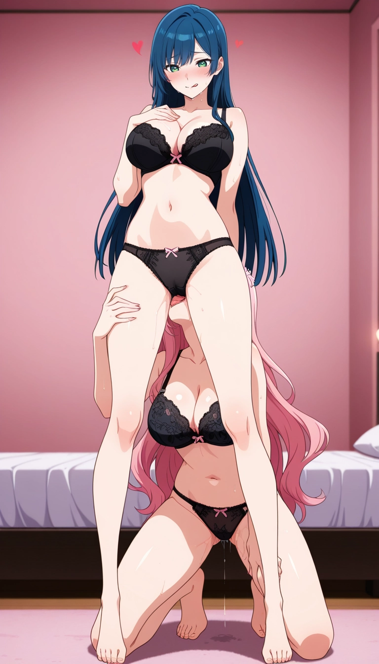 breasts, black bra, black panties, bra, underwear, panties