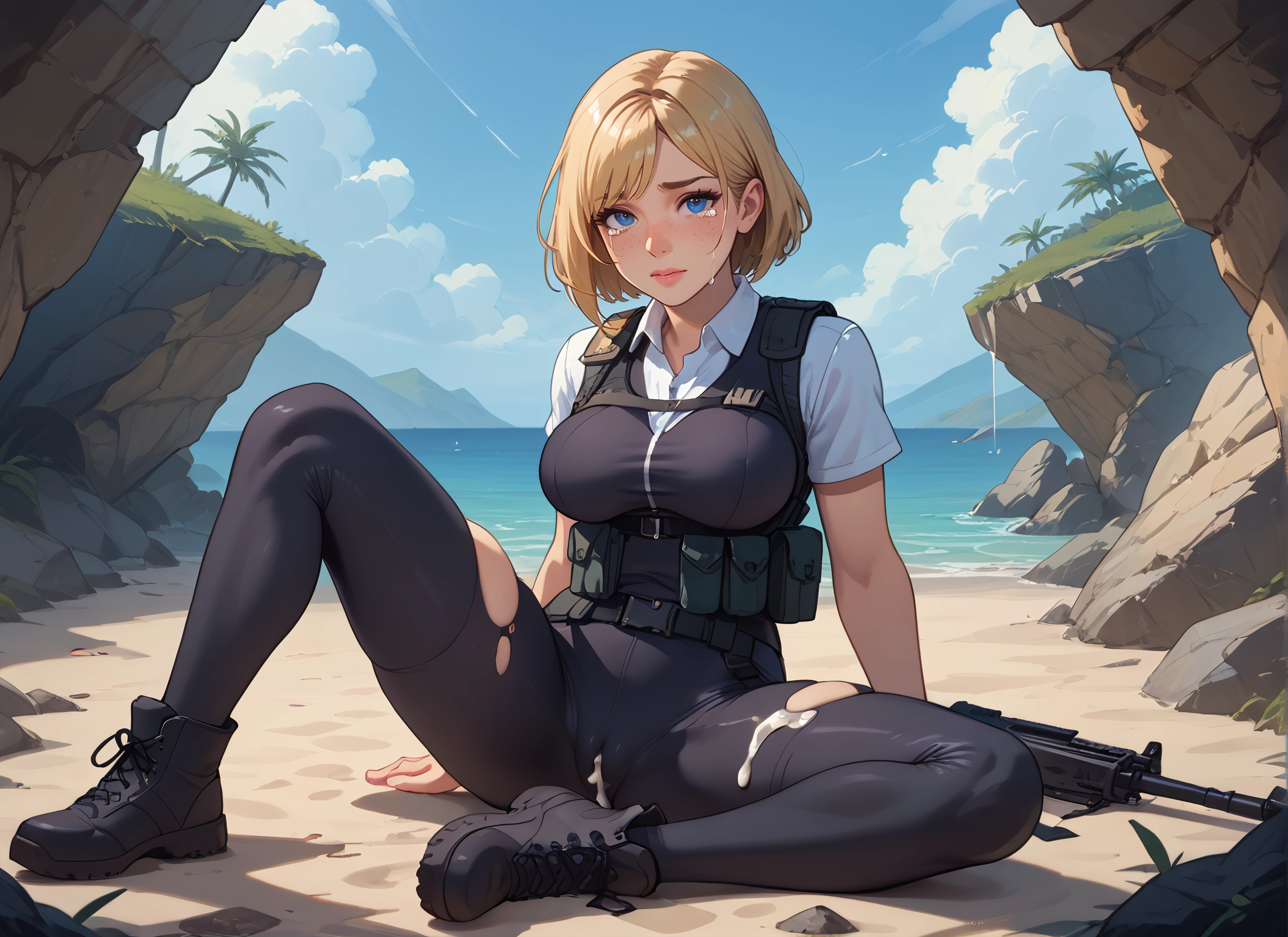 1girl, weapon, gun, cum, blue eyes, blonde hair · Yamete.gg