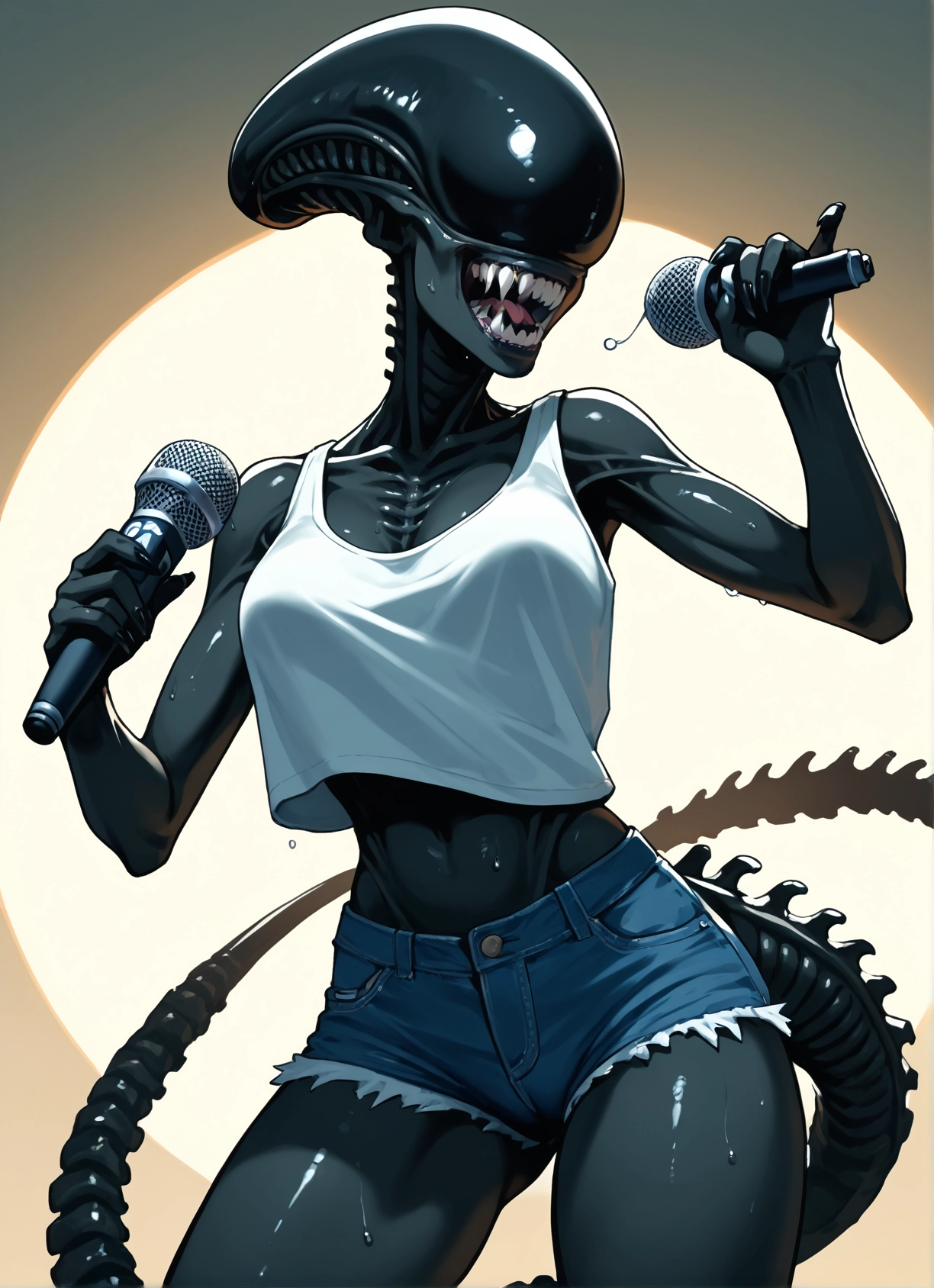 1girl, shorts, microphone, solo, tail, sweat · Yamete.gg