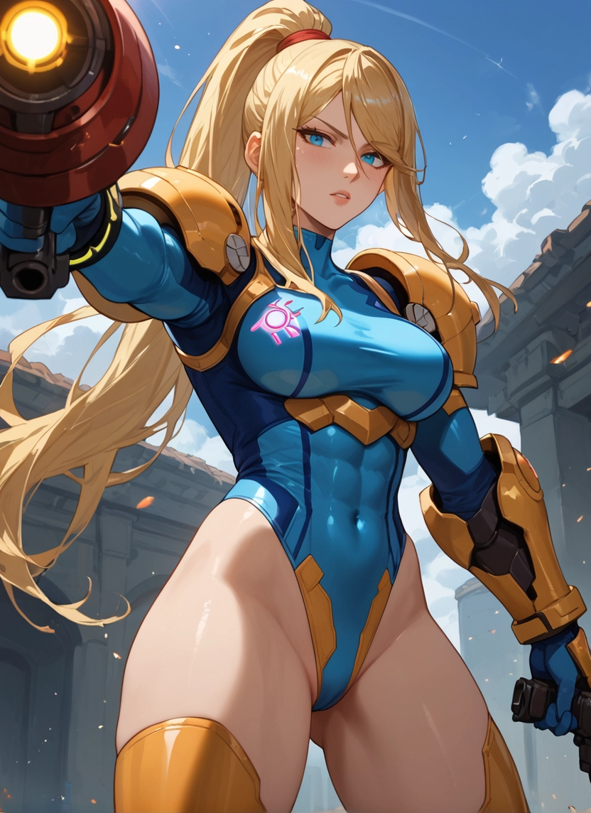 1girl, blonde hair, breasts, blue eyes, ponytail, weapon · Yamete.gg