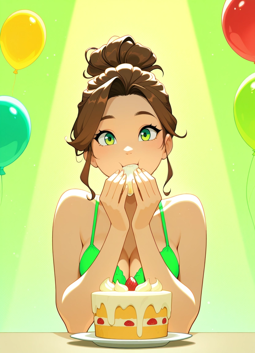 1girl, breasts, green eyes, food, brown hair, cake · Yamete.gg