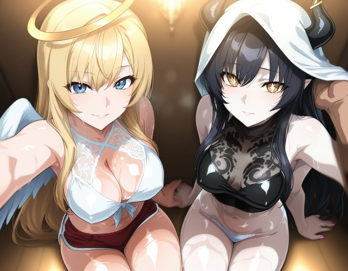 breasts, multiple girls, 2girls, blonde hair, horns, wings · Yamete.gg
