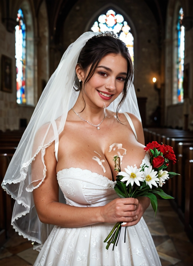 1girl, breasts, dress, flower, wedding dress, veil