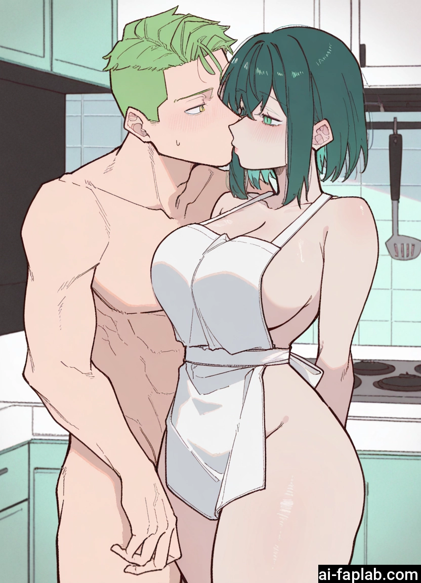 1girl, 1boy, breasts, apron, naked apron, green hair