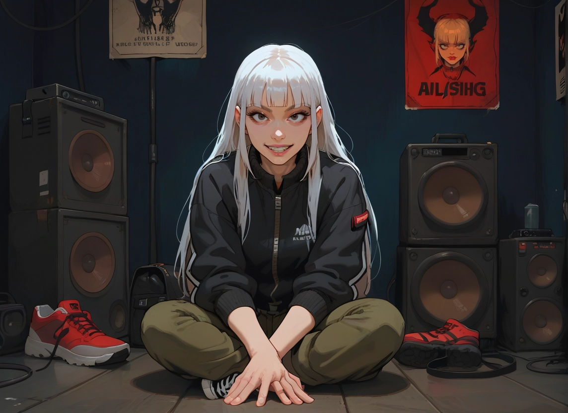 1girl, speaker, shoes, jacket, long hair, sitting · Yamete.gg