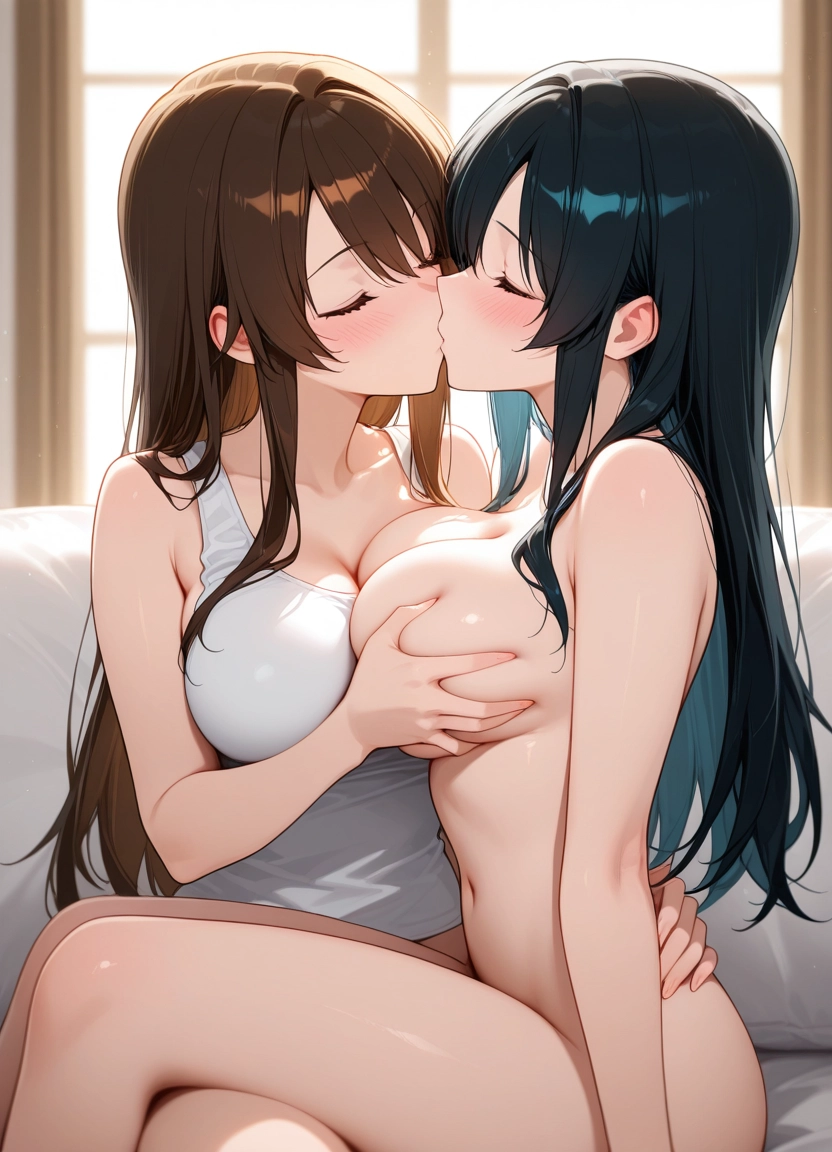 breasts, multiple girls, 2girls, yuri, long hair, kiss · Yamete.gg
