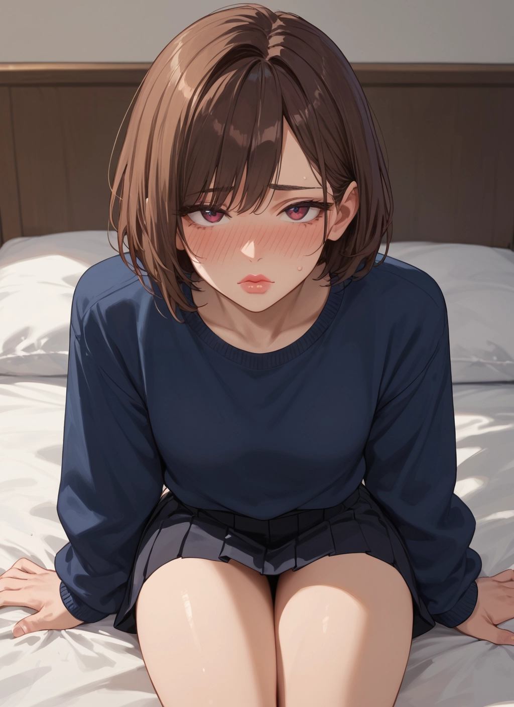 1girl, skirt, brown hair, blush, sitting, solo · Yamete.gg