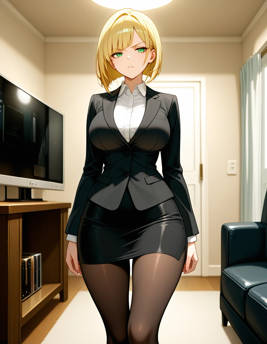 1girl, blonde hair, pantyhose, solo, skirt, green eyes · Yamete.gg