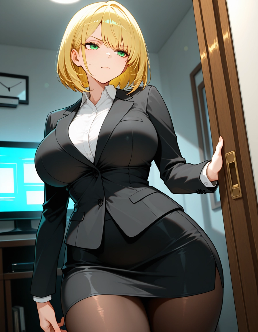 1girl, breasts, blonde hair, solo, skirt, green eyes · Yamete.gg
