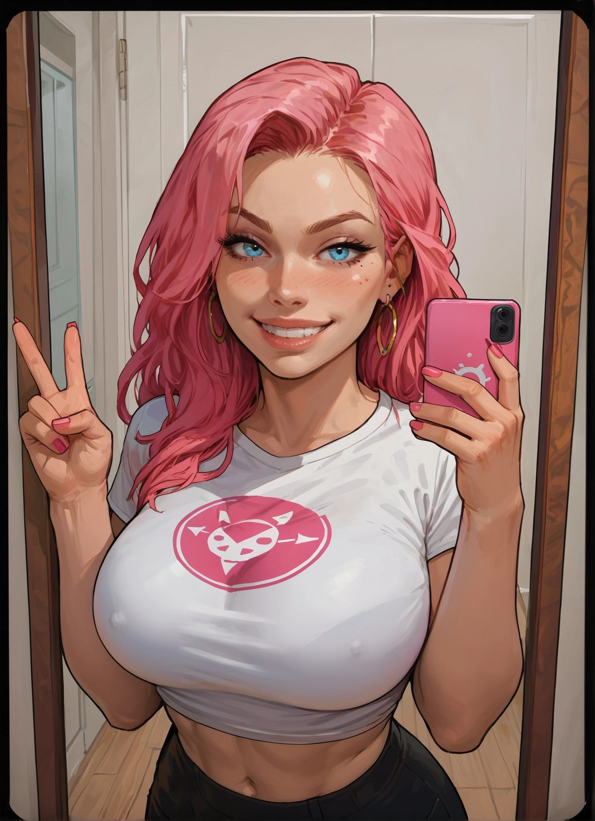 1girl, breasts, pink hair, jewelry, phone, earrings · Yamete.gg