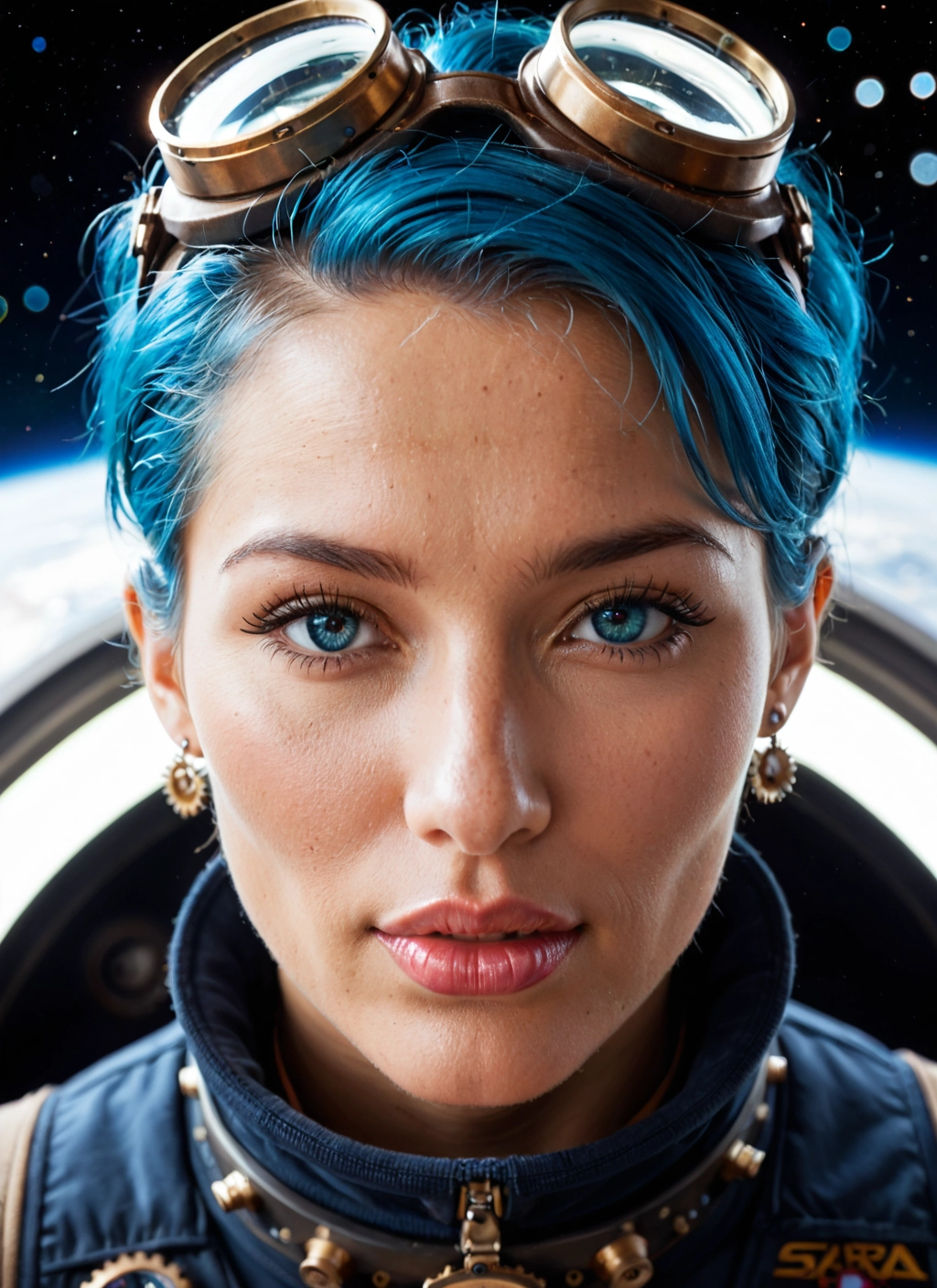 solo, 1girl, jewelry, goggles, earrings, blue hair · Yamete.gg