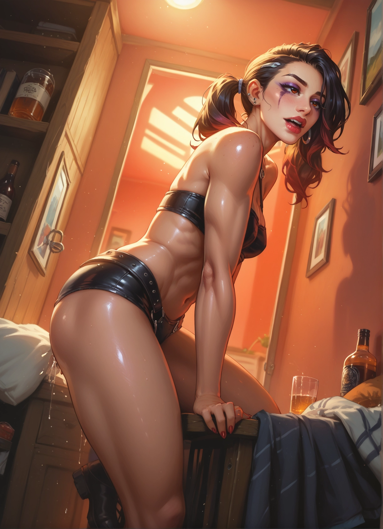 1girl, solo, jewelry, breasts, shorts, earrings · Yamete.gg