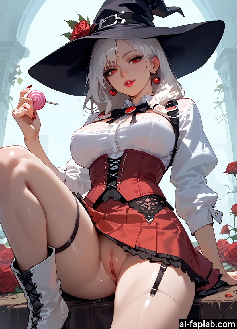 1girl, hat, pussy, food, witch hat, solo
