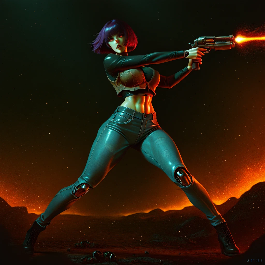 1girl, weapon, gun, pants, holding, holding weapon · Yamete.gg