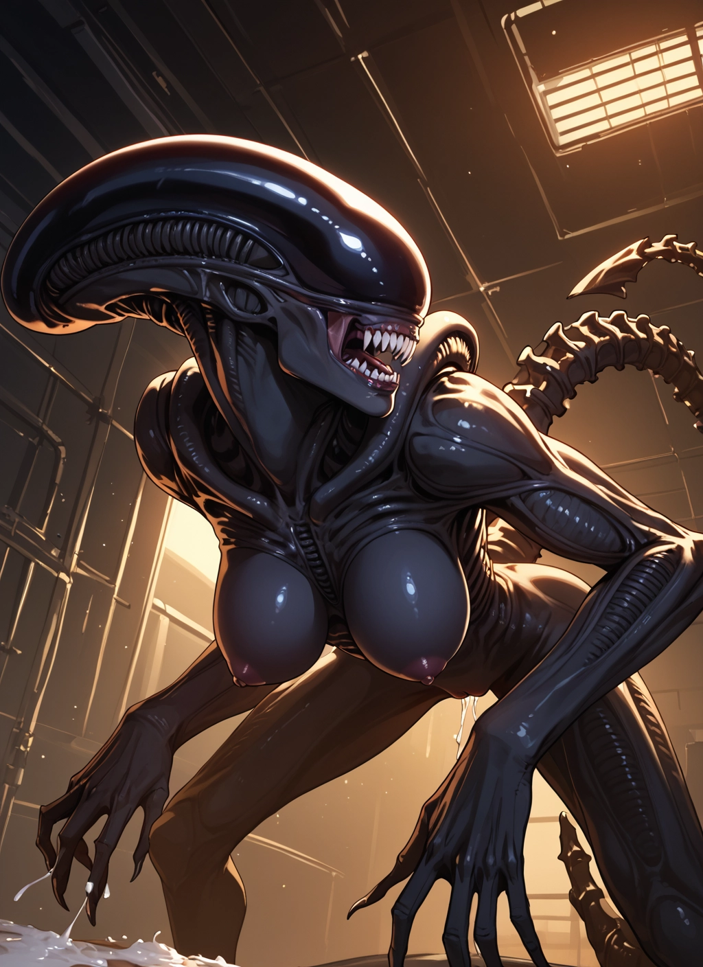 1girl, breasts, nipples, cum, tail, teeth · Yamete.gg