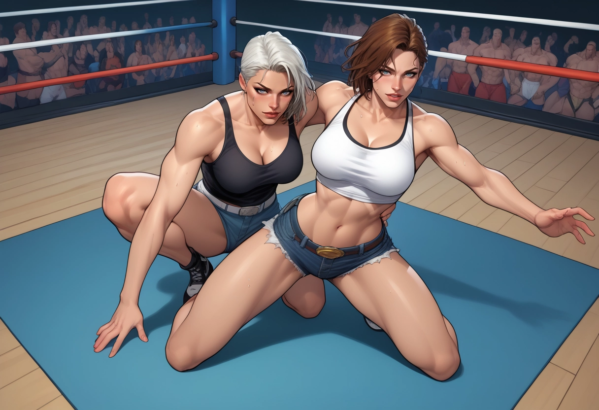 breasts, shorts, blue eyes, navel, denim, brown hair · Yamete.gg