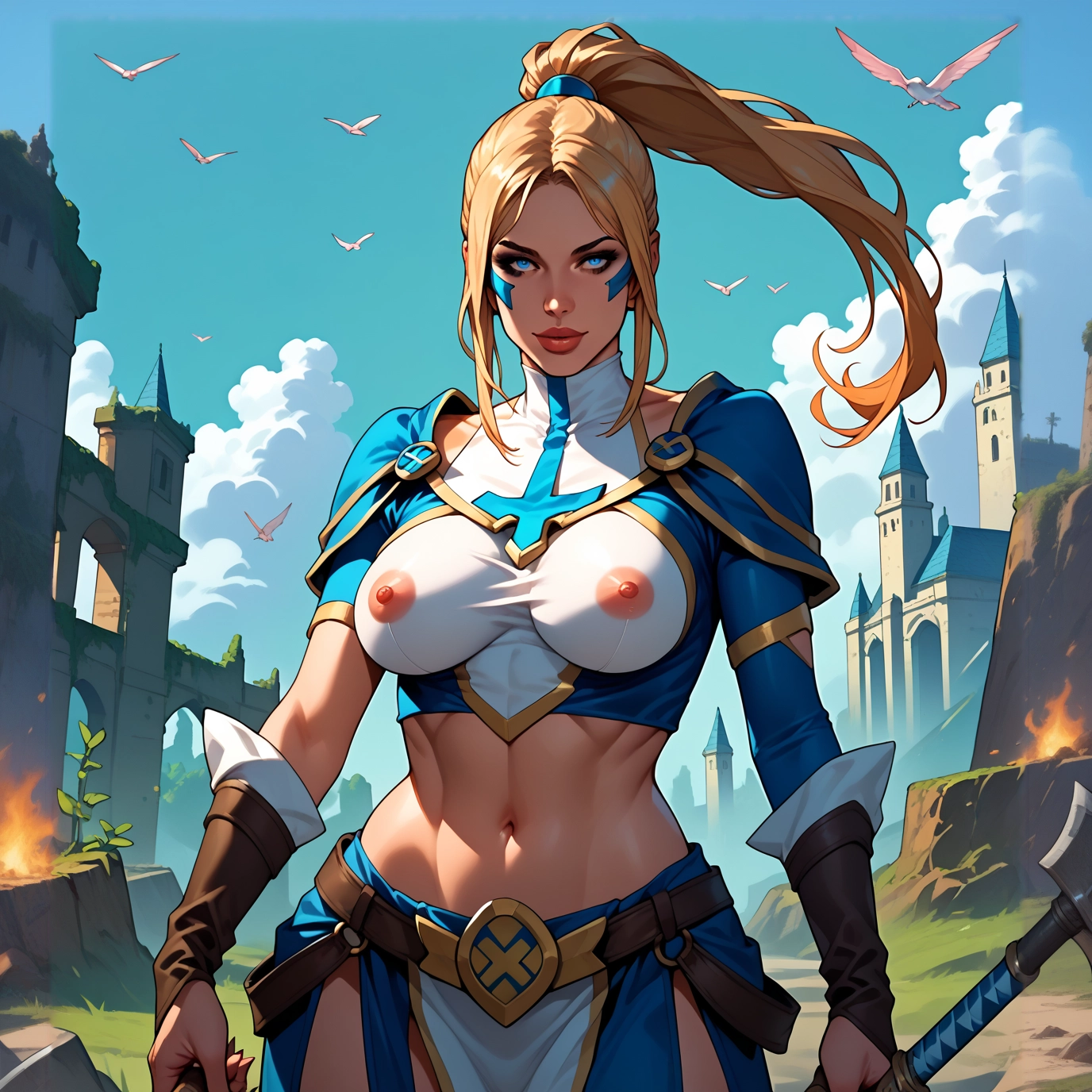 1girl, blonde hair, abs, blue eyes, armor, muscular female · Yamete.gg