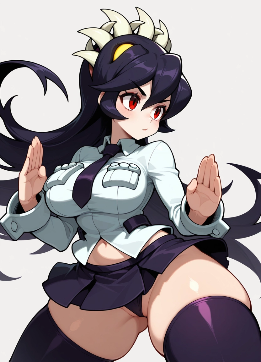 1girl, filia (skullgirls), breasts, red eyes, solo, thighhighs · Yamete.gg