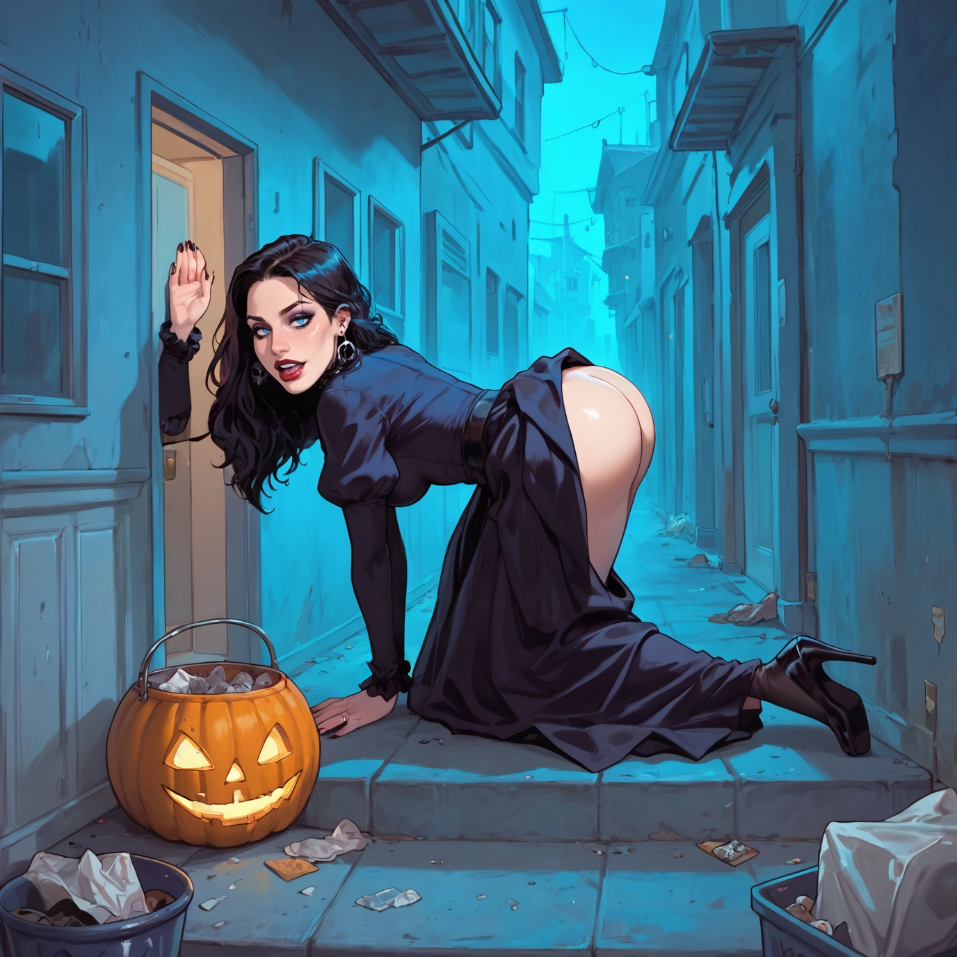 1girl, ass, high heels, jewelry, earrings, black hair · Yamete.gg
