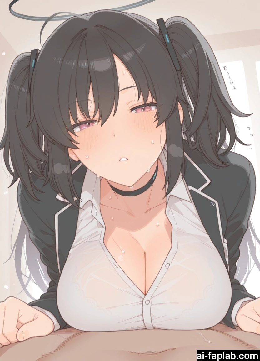 1girl, breasts, large breasts, cleavage, black hair, halo